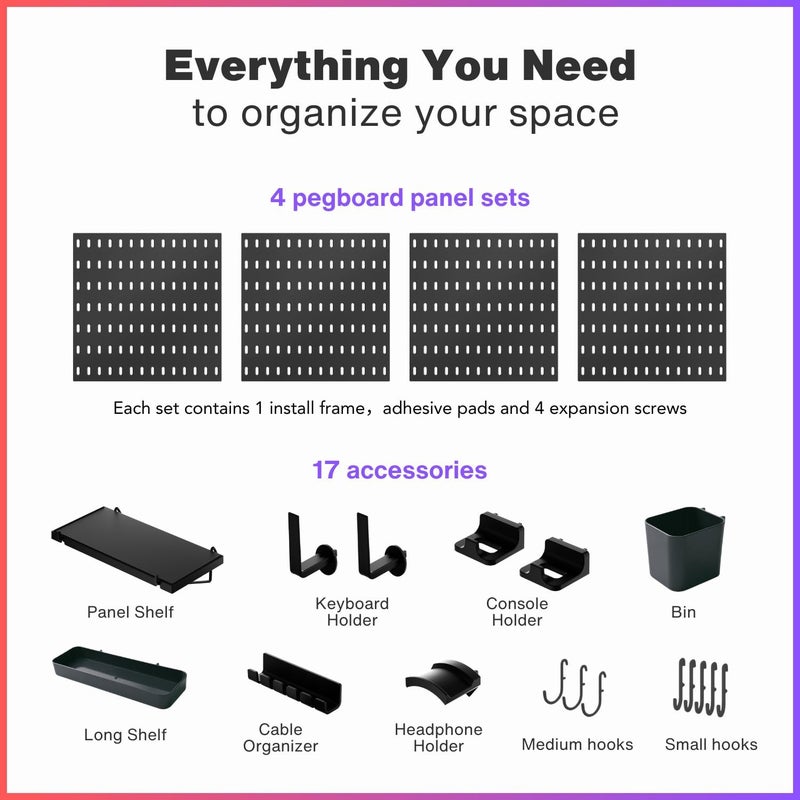 KEEPO Pegboard Combination Kit, Pegboards and Accessories Modular Hanging for Gaming Setup, Gaming Station Peg Board, Gaming Organizer, Wall Game Controller Holder, Headset Stand, (Black, 22″×22″) - Image 2